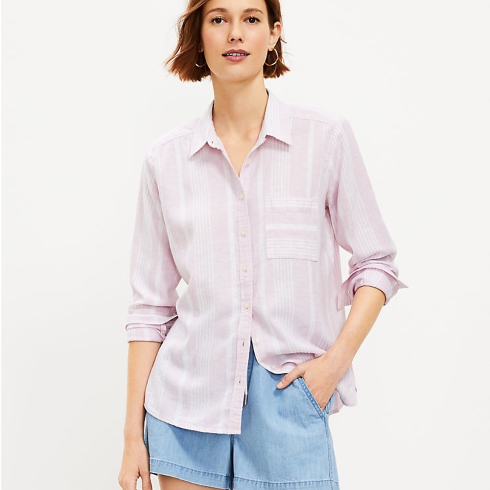 Loft Lavender Striped Everyday Linen Pocket Button Down Shirt